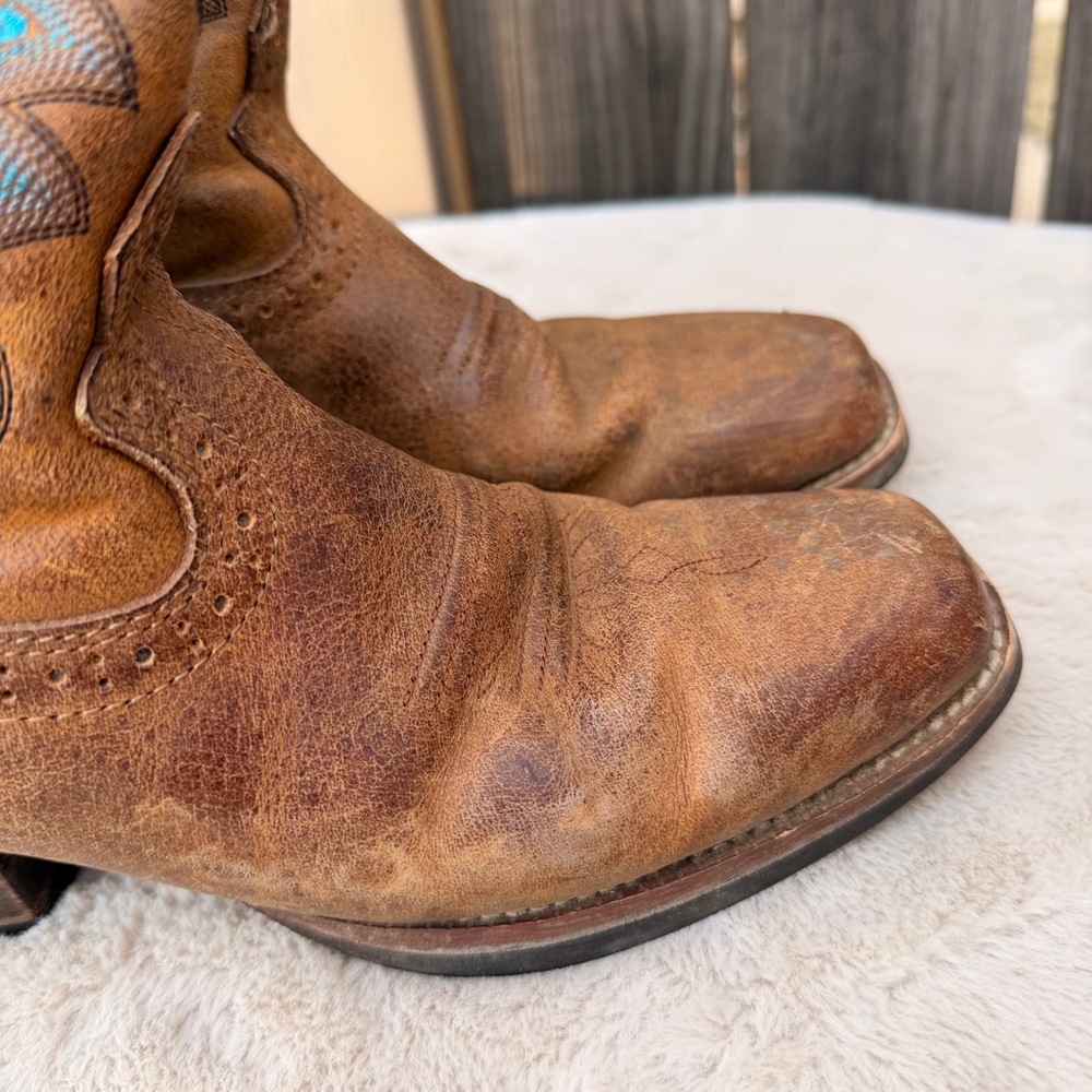 Justin Sevana Tan Western Cowboy Turquoise Brown Leather Boots Size 8.5 - Picture 2 of 11